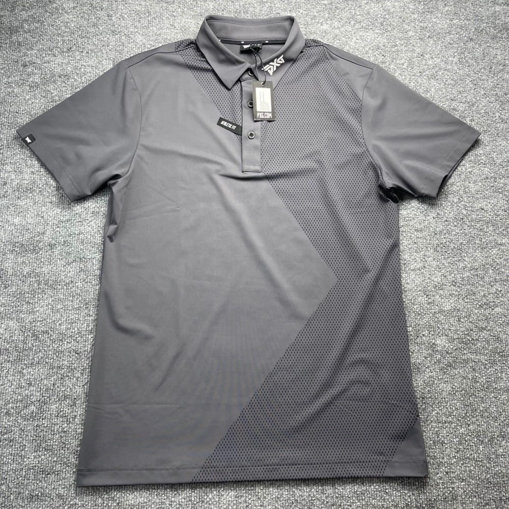 PXG Mens Athletic Fit Graphic Polo Shirt Grey Black Print Small NWT